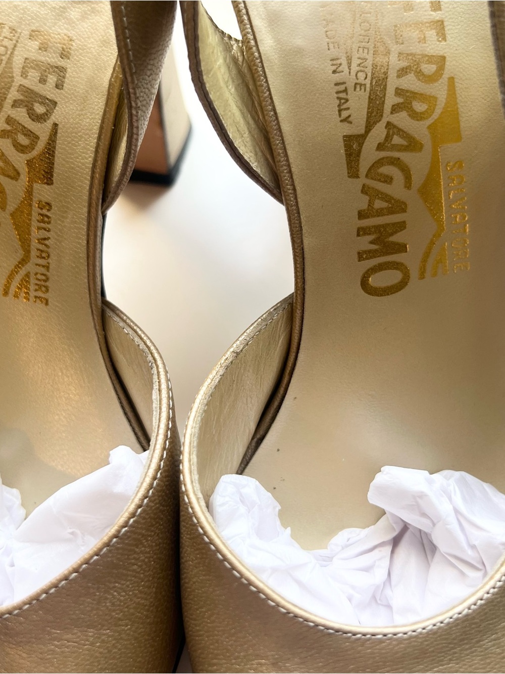 Salvatore Ferragamo Gold Slingback Pump with Snakeskin Toe 9
